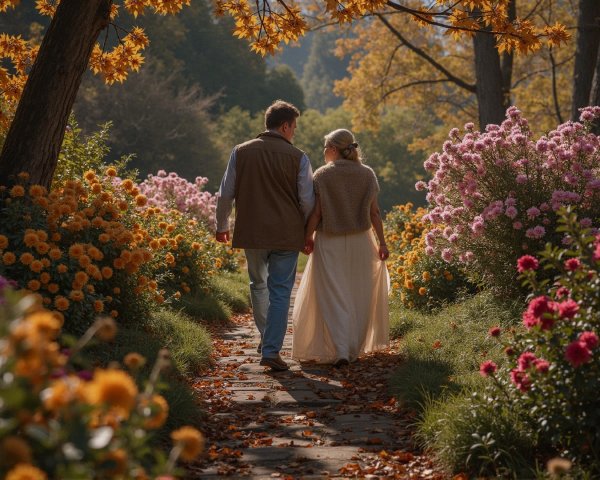 Couple Strolling on Stone Path Surrounded by Flowers