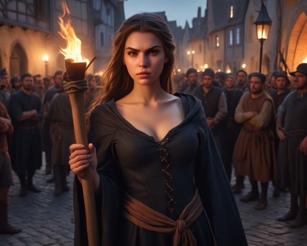 Young Woman with Torch in Medieval Village Setting