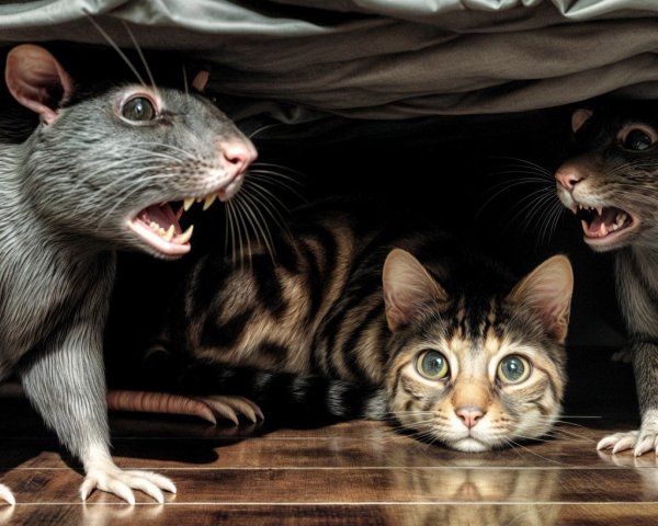 Bengal Cat Observes Anthropomorphic Rats in Standoff