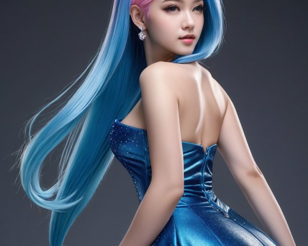 Young Woman in Vibrant Hair and Elegant Dress