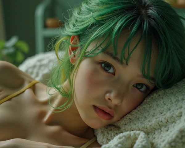Young person with green hair in serene setting