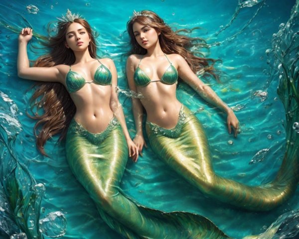 Mermaids in Turquoise Waters with Shimmering Tails
