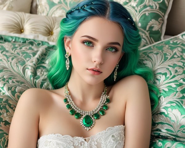Young woman with teal hair on green-patterned backdrop