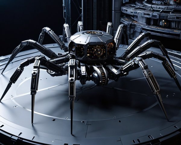 Futuristic Robotic Spider on High-Tech Platform