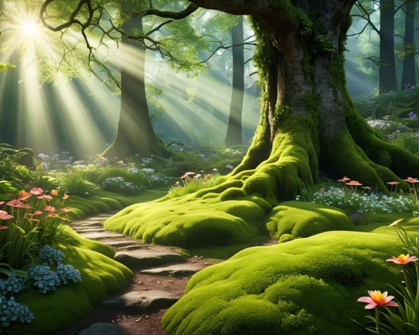 Serene Forest Scene with Golden Sunlight and Flowers