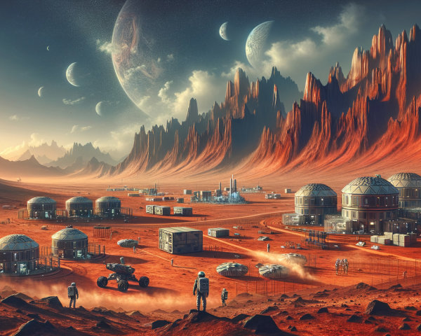Futuristic Martian landscape with domed habitats and moons