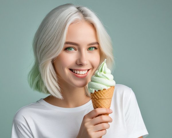 Young woman with mint green ice cream and pastel background