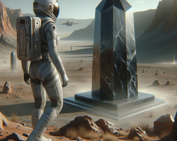 Astronaut on Rocky Landscape with Black Monolith