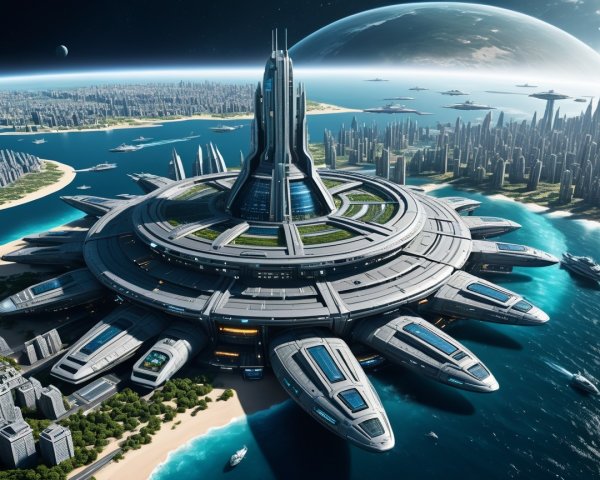Futuristic Space Station Above Ocean and Cityscape