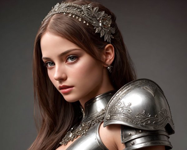Portrait of a Young Woman in Intricate Silver Armor
