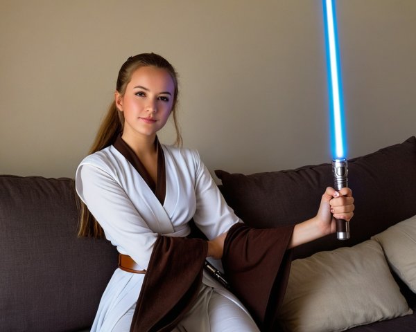 Young woman in Jedi-inspired outfit with lightsaber