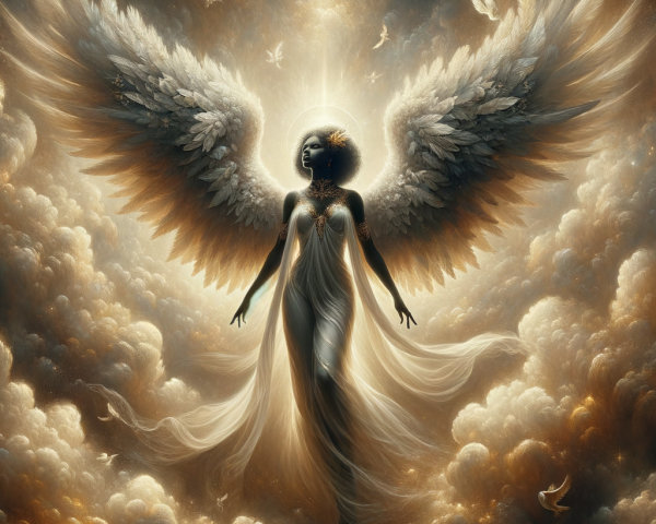 Celestial Figure with Radiant Wings Above Ethereal Clouds
