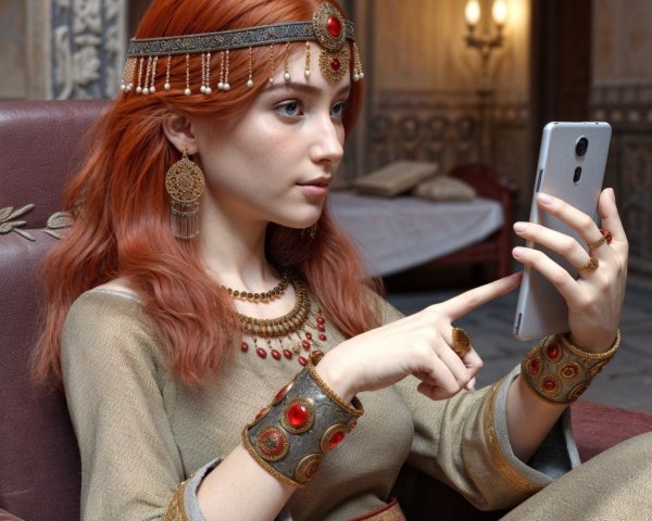 Young woman in ornate room with smartphone and gown
