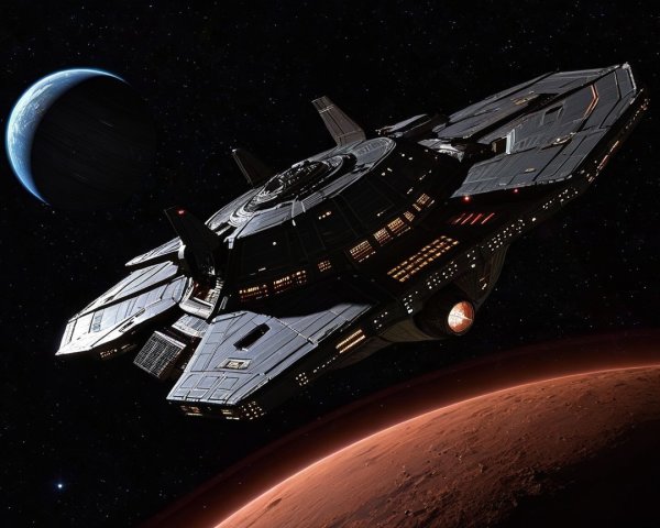 Futuristic spacecraft in space with rocky red planet