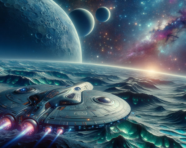 Futuristic Spaceship Over Alien Ocean and Galaxy