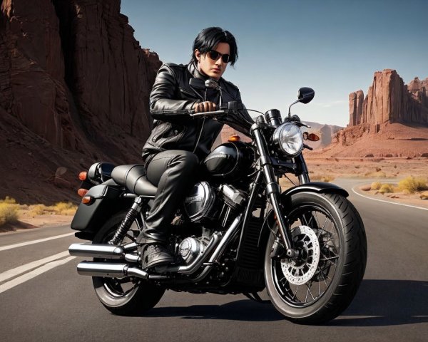Rider on Motorcycle in Desert Landscape with Red Rocks