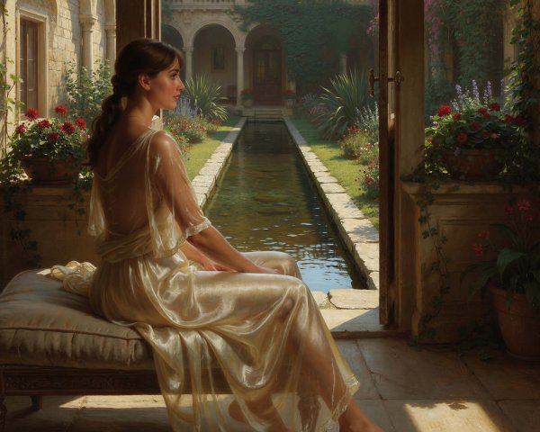 Young Woman in Sheer Gown by Open Doorway to Garden