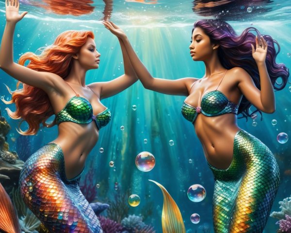 Mermaids Underwater with Coral and Sunlight Effects