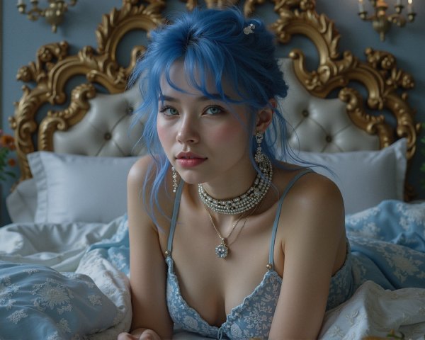 Young woman with blue hair on a luxurious bed
