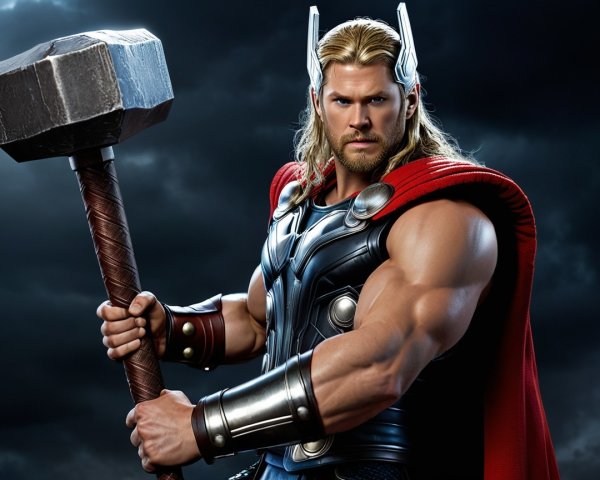 Muscular Warrior in Metallic Armor with Hammer