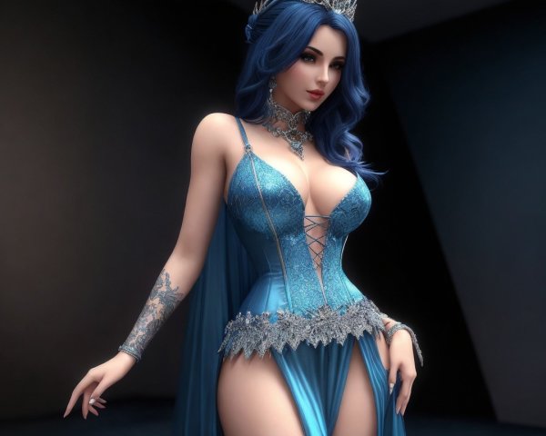 Elegant Figure in Shimmering Blue Gown with Lace
