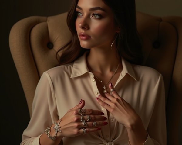 Elegant young woman in plush armchair with accessories