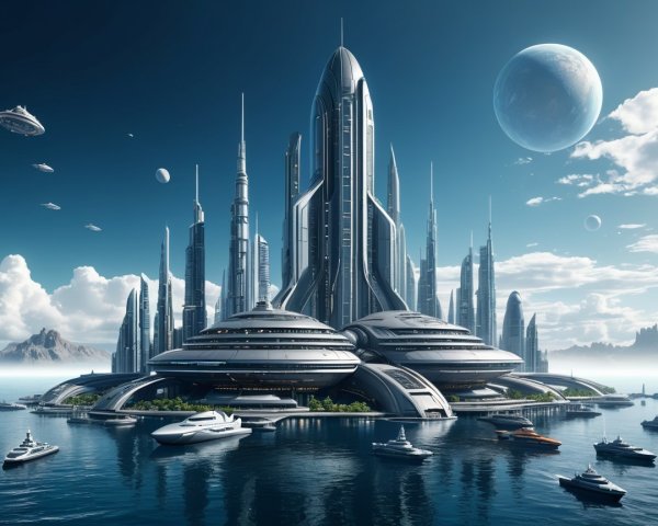 Futuristic cityscape with skyscrapers and skycraft