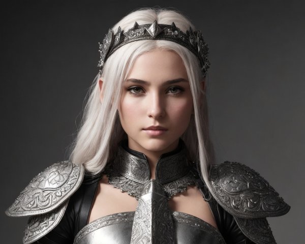 Regal figure in ornate silver armor with white hair
