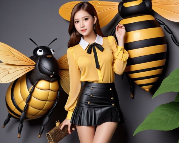 Stylish Woman in Yellow Blouse with Cartoon Bees