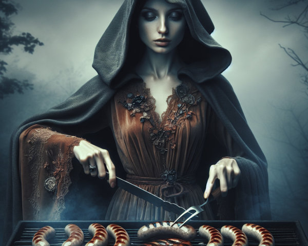 Mysterious Figure Grilling Sausages in Dim Forest