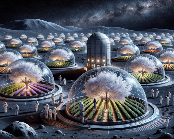 Futuristic Lunar Settlement with Transparent Domes and Gardens