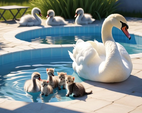 Swan and Kittens in Tranquil Poolside Setting