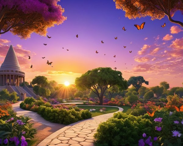 Serene Sunset Landscape with Flowers and Pagoda