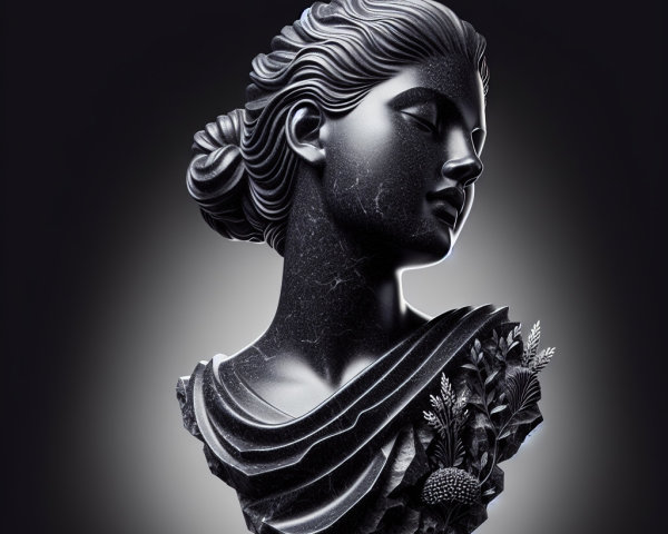 Black Marble Bust of Young Woman with Floral Details