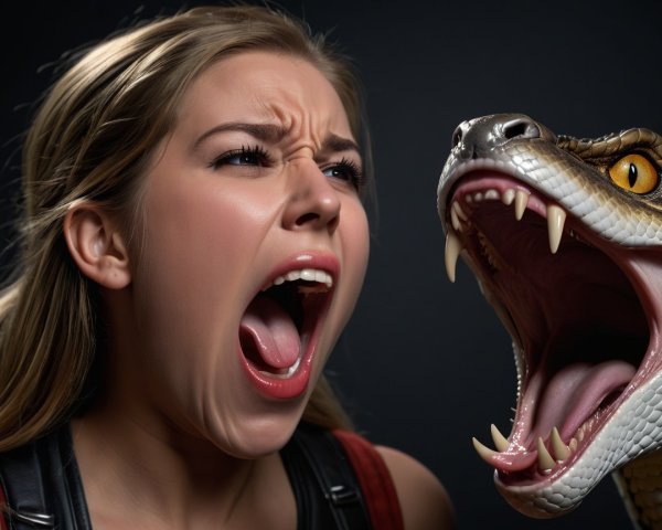 Young Woman Screaming with Snake in Dark Atmosphere