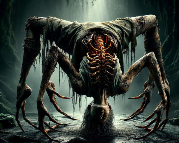 Haunting Figure with Elongated Skeletal Body in Darkness