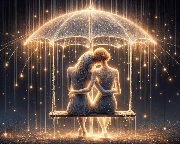 Figures Under Glowing Umbrella in Sparkling Lights
