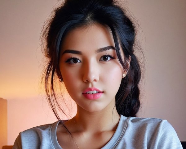 Young woman with dark hair and casual gray top