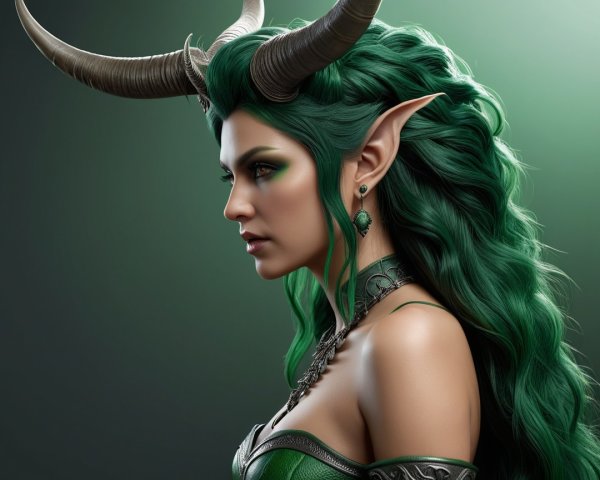Mystical figure with green hair and elegant horns