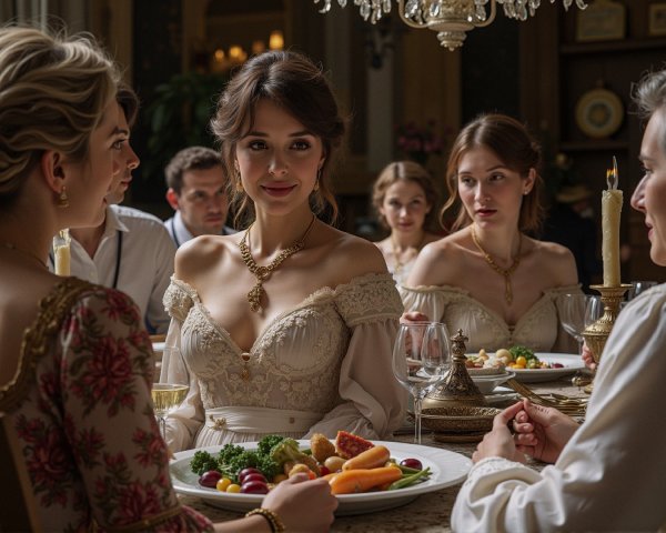 Elegant Dining Setting with Women in Vintage Gowns