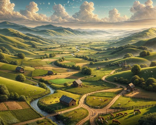 Serene Landscape with Rolling Hills and Winding River