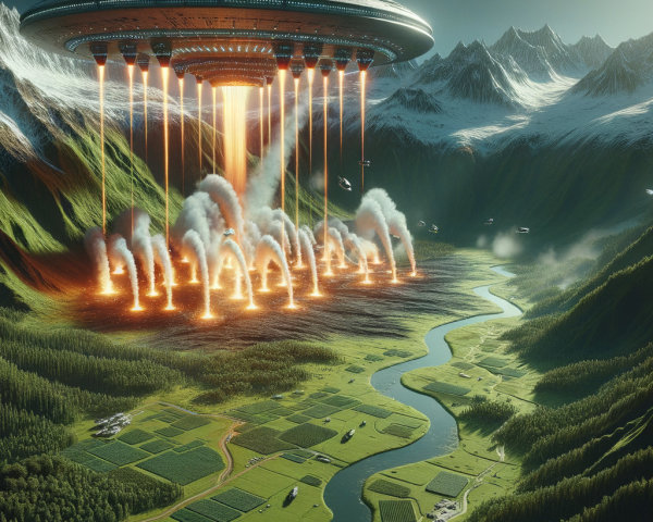 Flying Saucer Over Valley with Mountain Backdrop