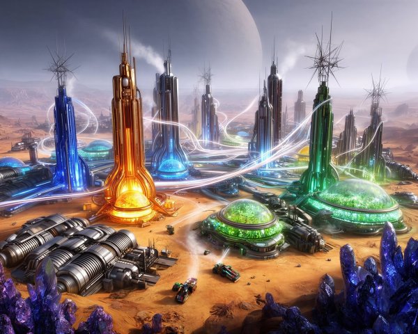 Futuristic sci-fi cityscape on Martian terrain