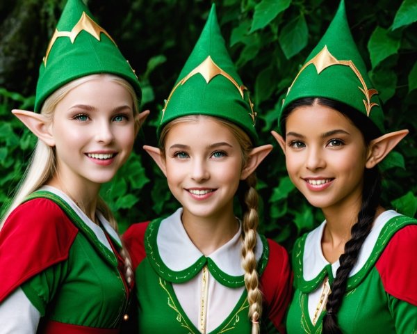 Cheerful Young Girls Dressed as Elves in Green Outfits