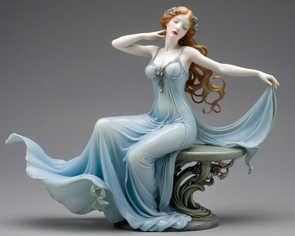 Elegant Figurine of Woman in Blue Gown and Hairpiece