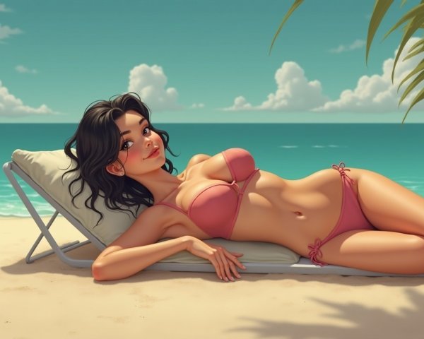 Young Woman in Pink Bikini on Tropical Beach Lounger