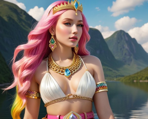 Elegant Figure by Serene Lake and Majestic Mountains
