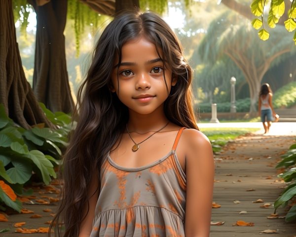 Young girl in a garden wearing light dress with patterns