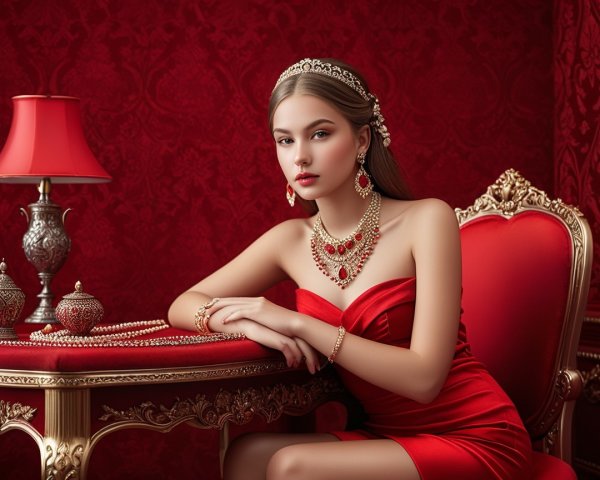 Elegant Woman in Red Dress at Luxurious Table Setting