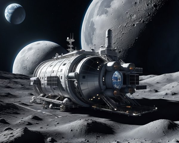 Futuristic spacecraft on lunar surface with celestial backdrop
